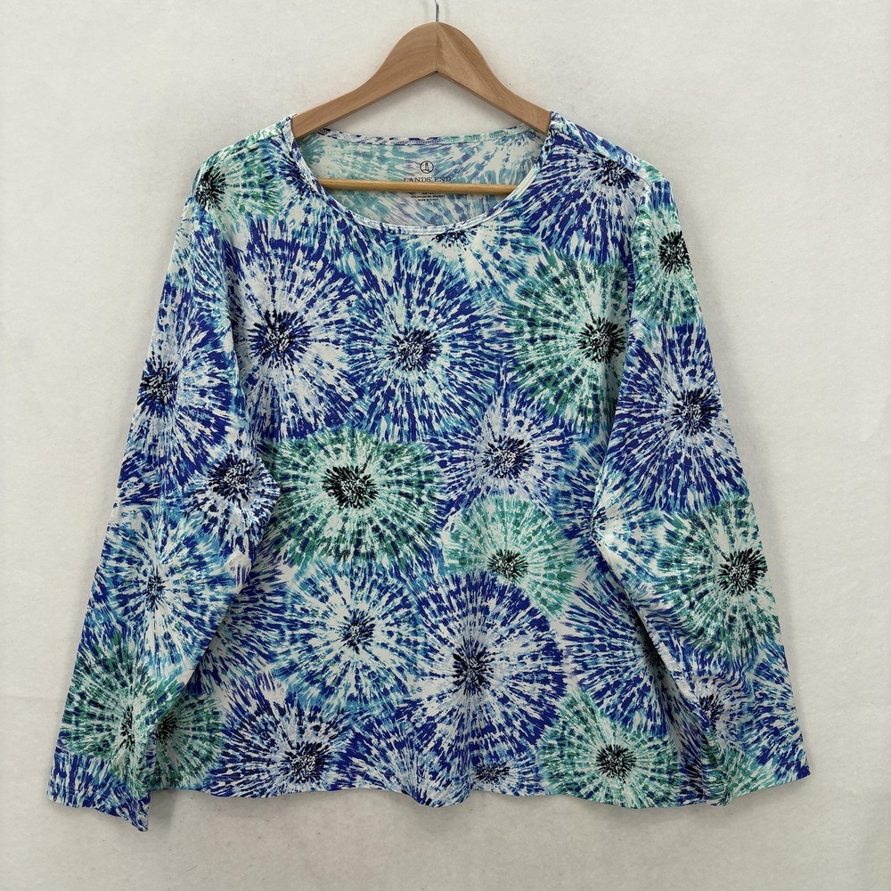 Lands End Shirt Womens 1X Blue Green Sunburst Tie Dye Swim Rash Guard Nylon